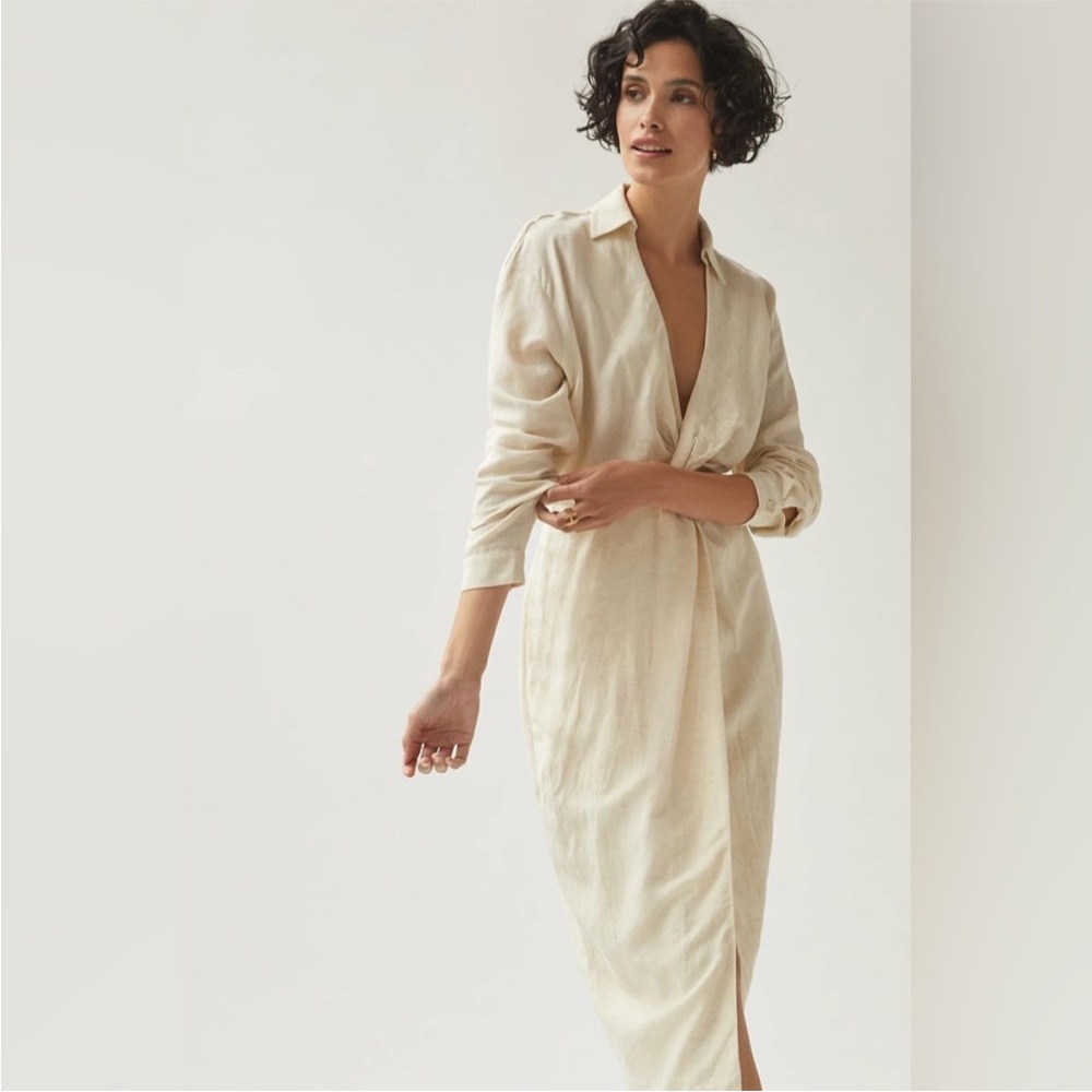 Anthropologie V-Neck Knot Front Midi Dress ⚜️Ivory⚜️ Size 12 - Picture 4 of 16